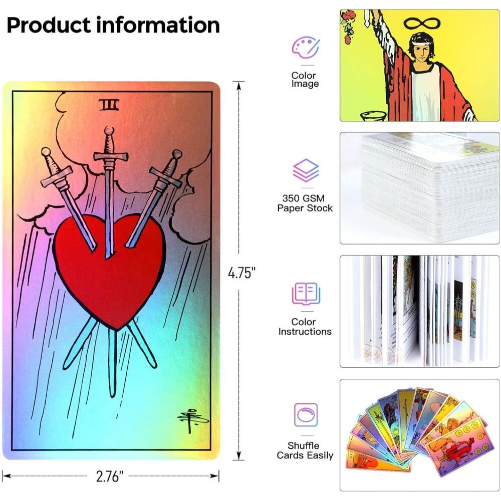 Rainbow Tarot Cards Decks, Tarot Card and Book Sets for Beginners, Holographic T - Picture 3 of 6